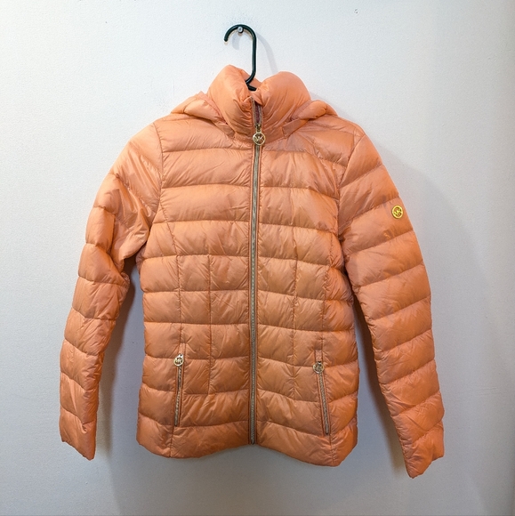 Michael Kors Packable Hooded Down Puffer Coat Jacket Peach, Womens Xtra Small - Picture 1 of 15
